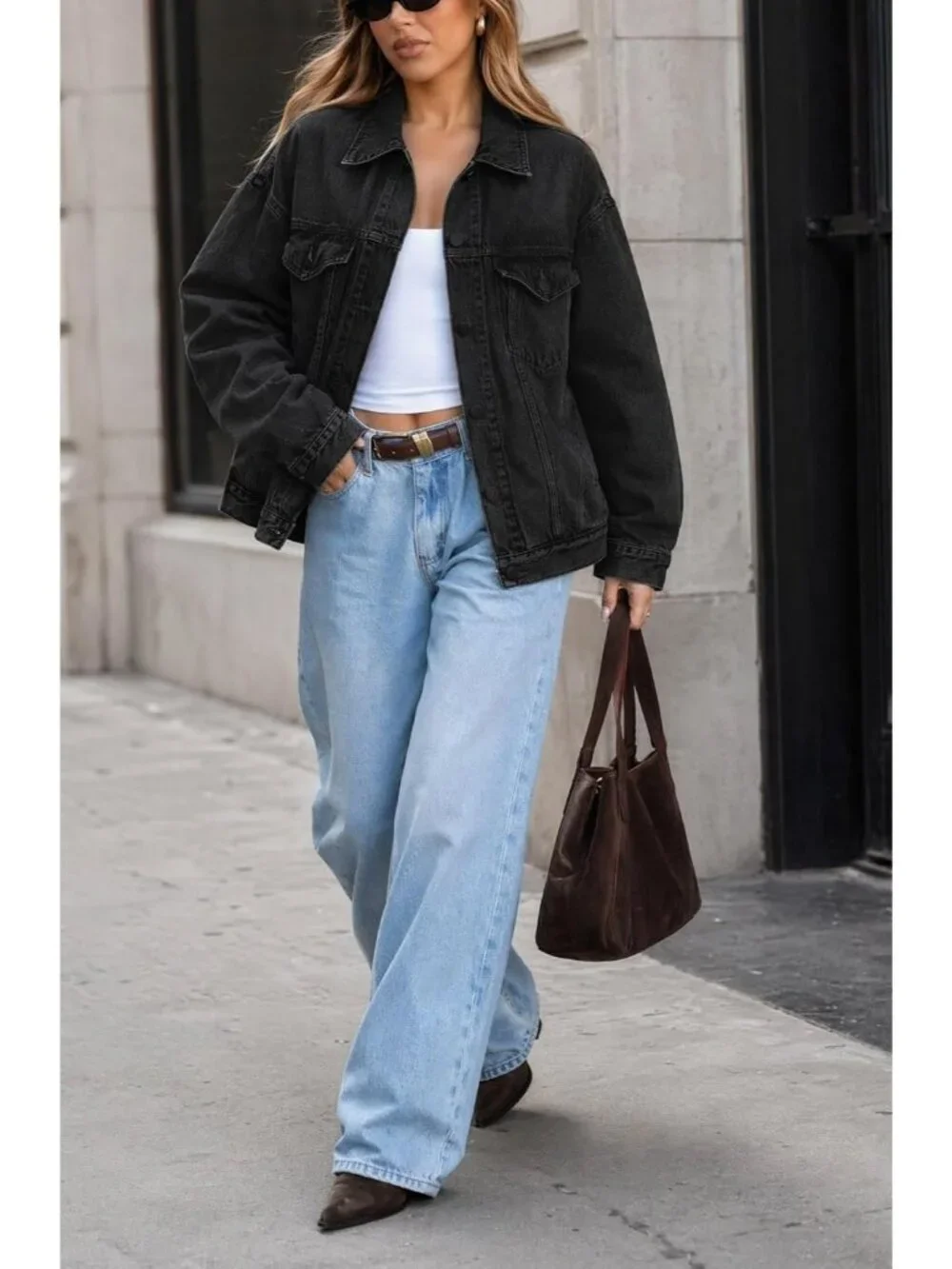 Women's Black Oversized Casual Trucker Jeans Jacket Long Sleeve Button Down Coat